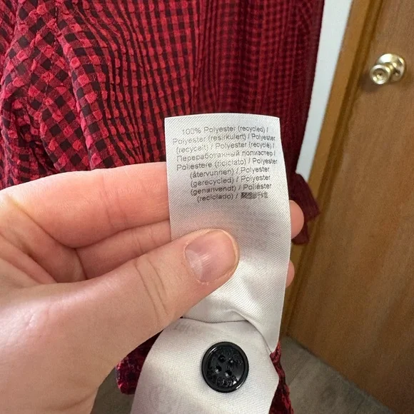 Ganni Red & Black Check Seersucker Tie Neck Shirt ♥️ - Picture 14 of 15